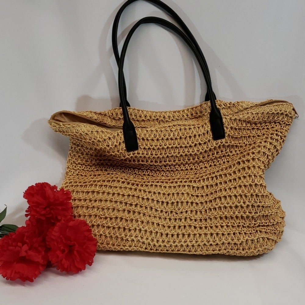 H&M Straw Tote Bag with Black Handles